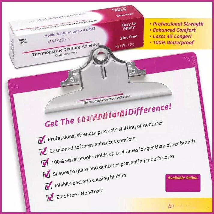 Easy-to-use thermoplastic denture adhesive ensures a strong, secure, and comfortable hold for dentures.