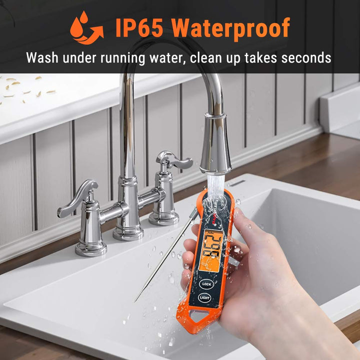 Waterproof digital food thermometer for meat, BBQ, deep frying, and candy. Ambidextrous kitchen tool.