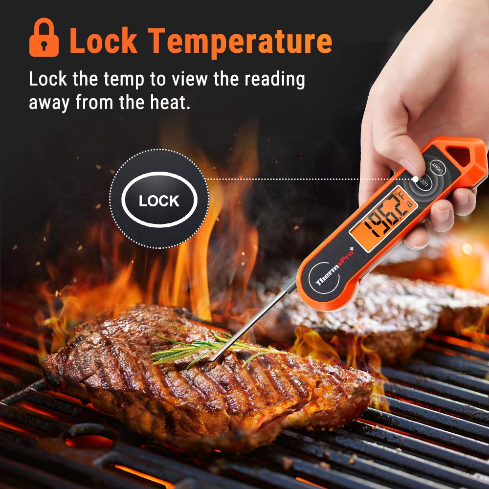 Precision instant-read digital meat thermometer ensures food safety for grilling, roasting & frying.