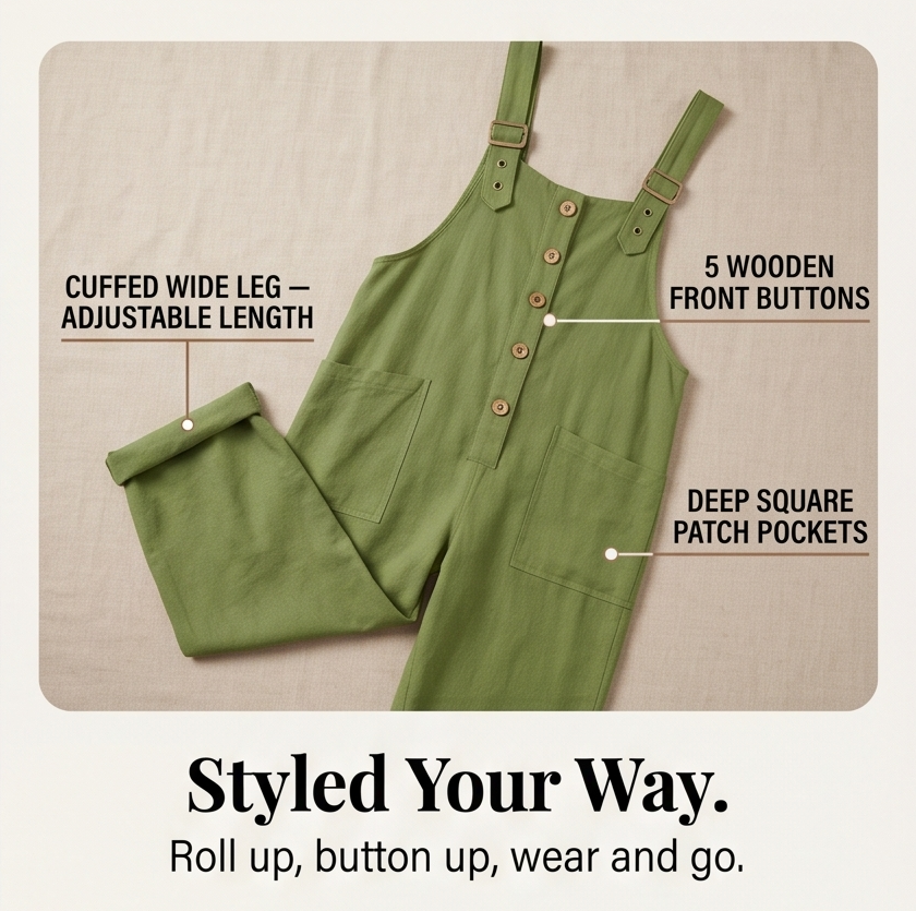 Woman wearing Thessaly relaxed fit bib overall jumpsuit, wide leg, comfortable for a casual spring day.
