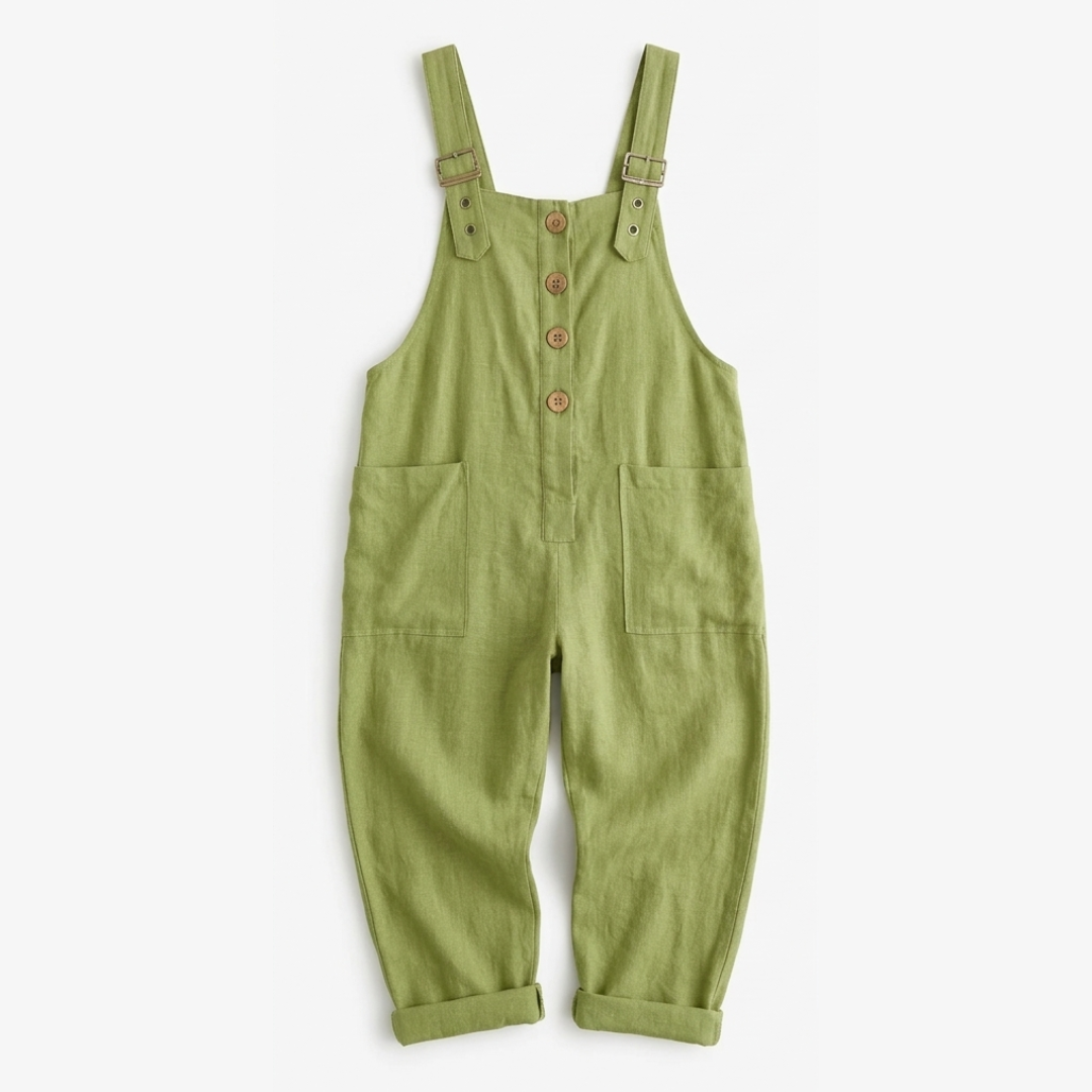 Detail of Thessaly women's relaxed fit bib overall jumpsuit fabric, showing comfortable wide leg design.