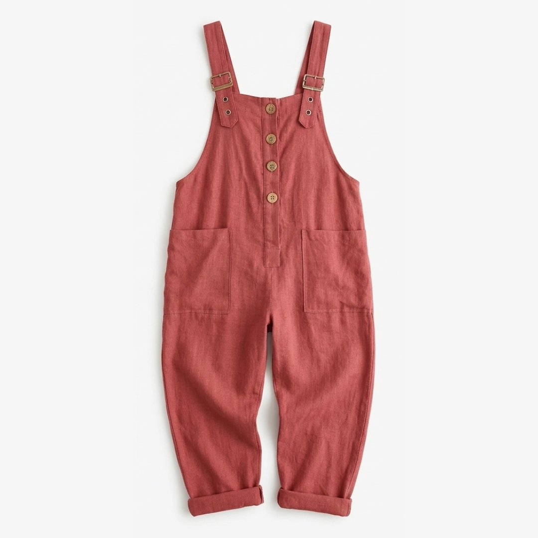 Front view of Thessaly women's relaxed fit bib overall jumpsuit, wide leg, a versatile one-piece for summer.