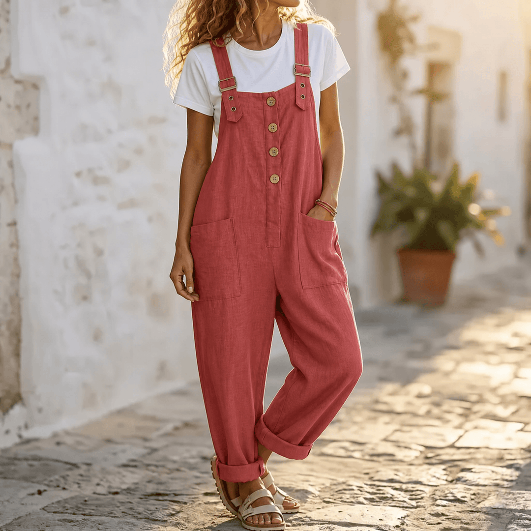 Supremely comfortable Thessaly women's relaxed fit bib overall jumpsuit, wide leg, perfect casual one-piece.