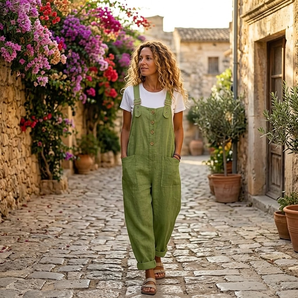 Comfortable Thessaly women's relaxed fit bib overall jumpsuit, wide leg, ideal for everyday casual wear.