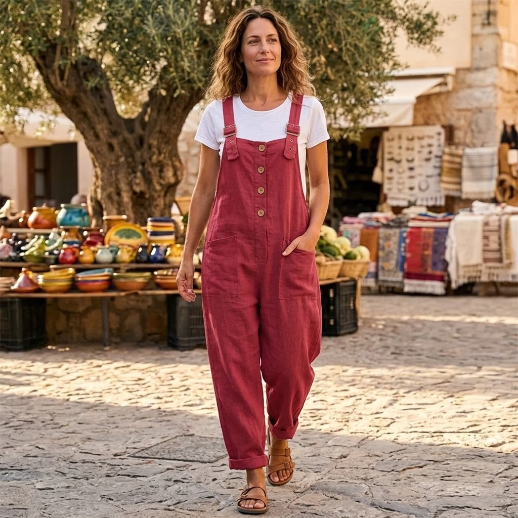 Spring/Summer Thessaly women's relaxed fit bib overall jumpsuit, wide leg, a comfortable casual one-piece.