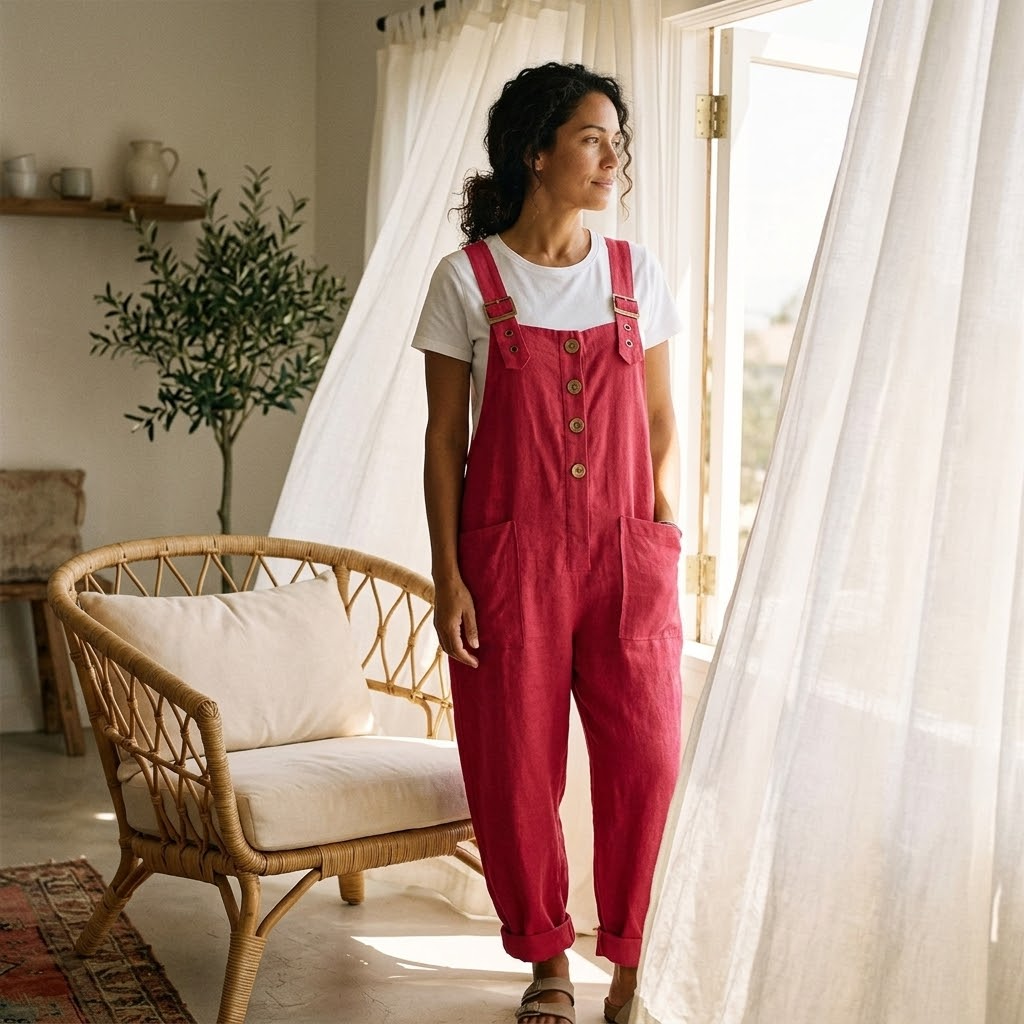 Casual women's Thessaly relaxed fit bib overall jumpsuit, wide leg, excellent for comfortable everyday wear.