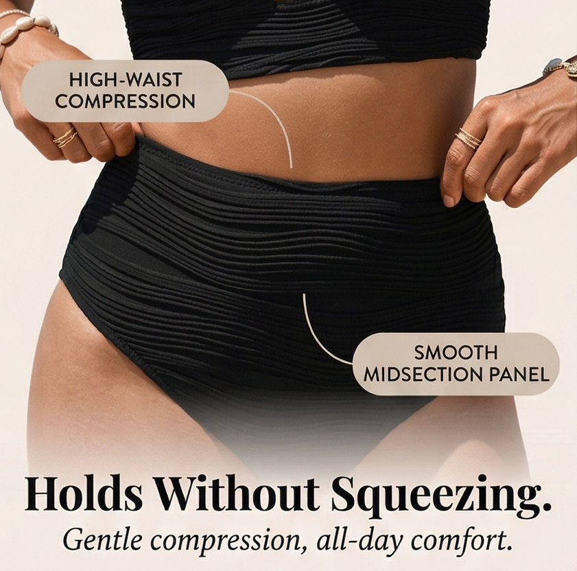 Textured women's high waist bikini set, supportive ruched top & flattering tummy control. Beachwear.