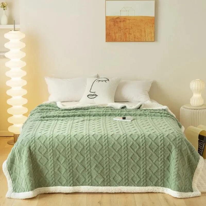 Unisex thick jacquard throw blanket. Polyester comfort with a modern geometric pattern.