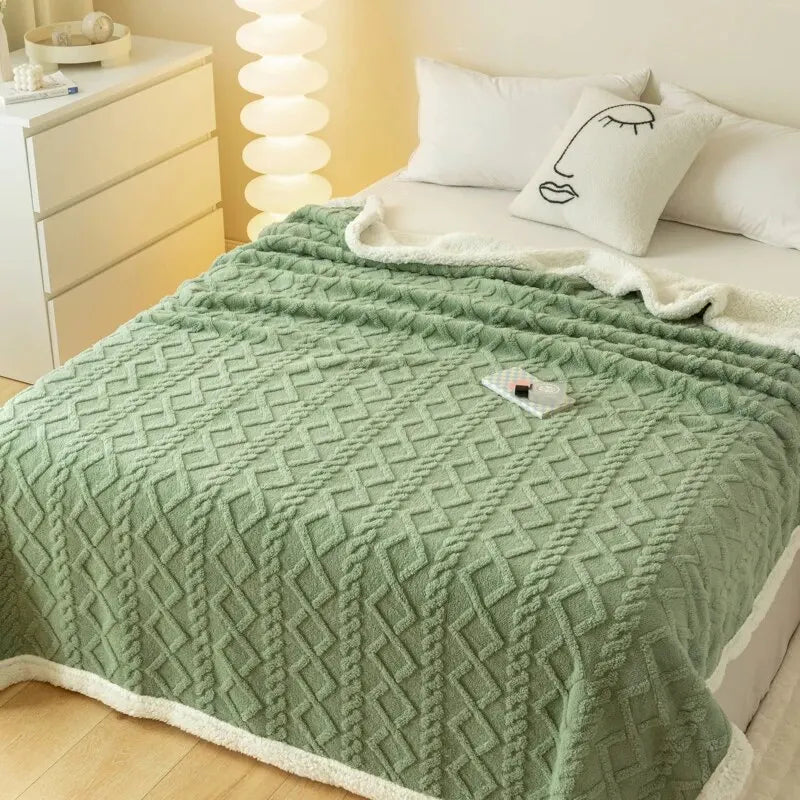 Warm & cozy jacquard blanket. Geometric design polyester throw, ideal for winter home decor.