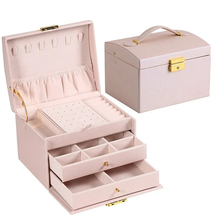 Stylish three-layer jewelry storage box, ideal for keeping women's accessories tidy and safe.