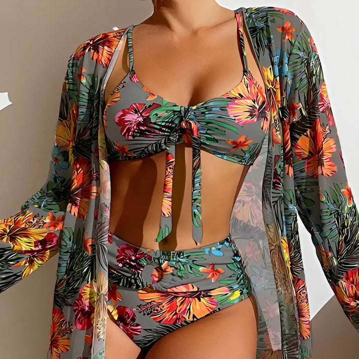 Summer-ready women's high-waist 3-piece bikini and cover-up set for flattering beachwear & pool style.