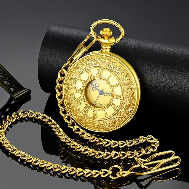 Vintage men's pocket watch, a thoughtful gift for him, featuring a classic timepiece design and chain.