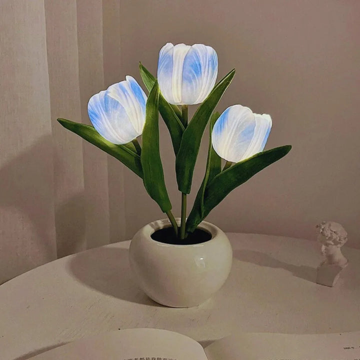 Bouquet of LED tulips forming a charming night light lamp with a warm, gentle glow for decor.