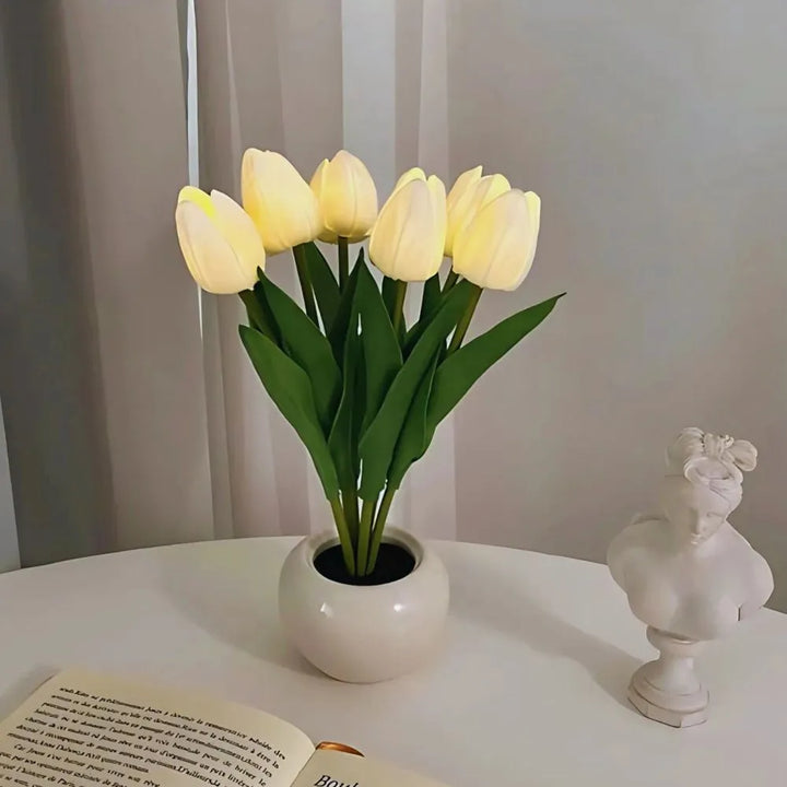 Tabletop LED tulip night light lamp with a soft, warm glow, enhancing any floral home decor arrangement.