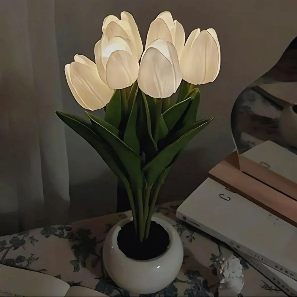 Modern floral design LED tulip lamp offering a gentle warm glow, ideal for contemporary home decor.
