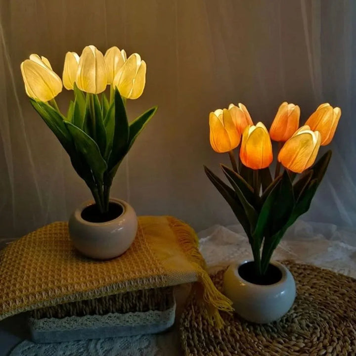 Bedroom tulip night light with a gentle LED warm glow, ideal for ambient and relaxing lighting.
