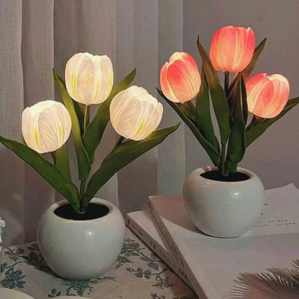 Elegant LED tulip lamp providing a soft, warm glow, perfect as floral decor for any room.