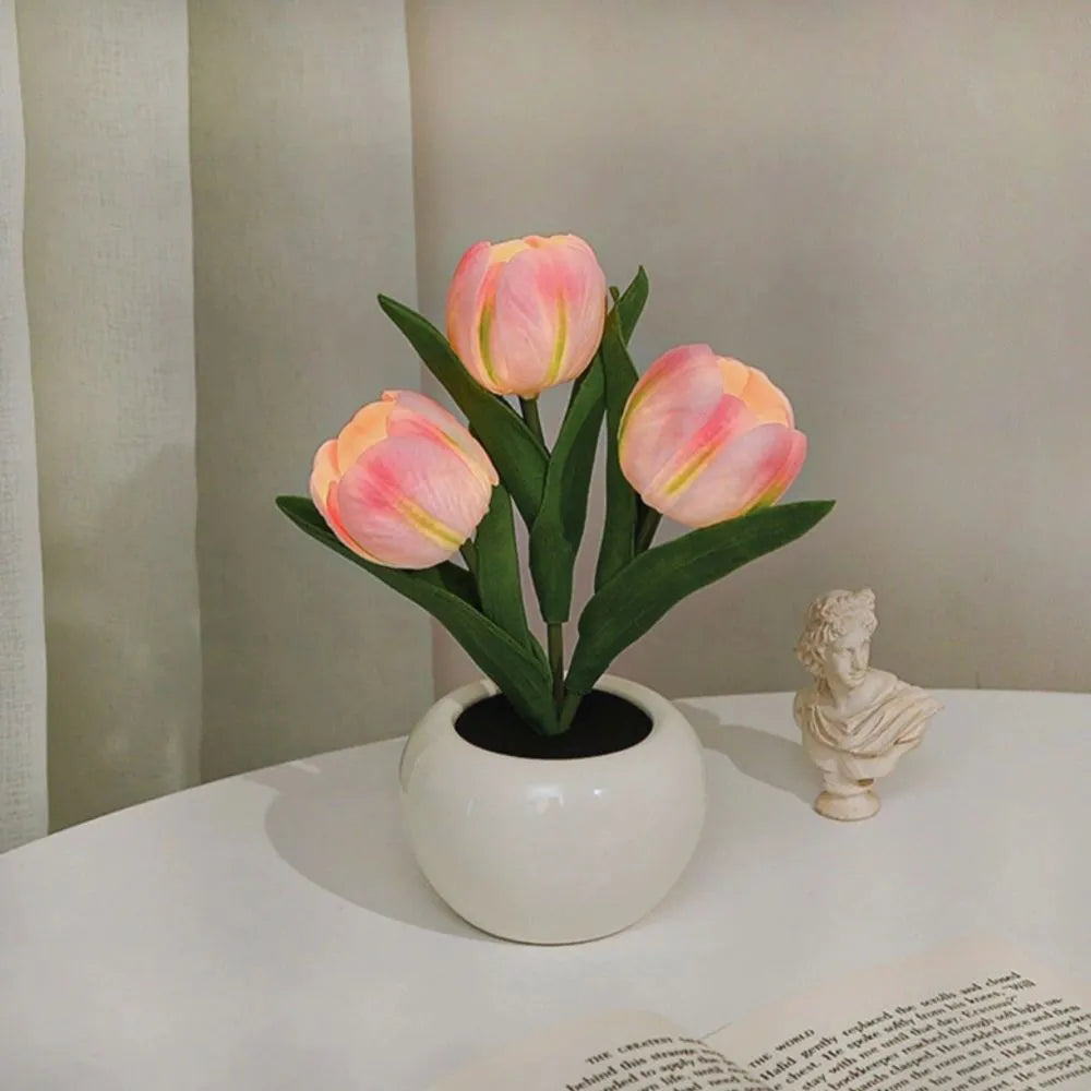 Ambient tulip lamp creating a warm LED glow, a beautiful piece of floral decor for a cozy atmosphere.