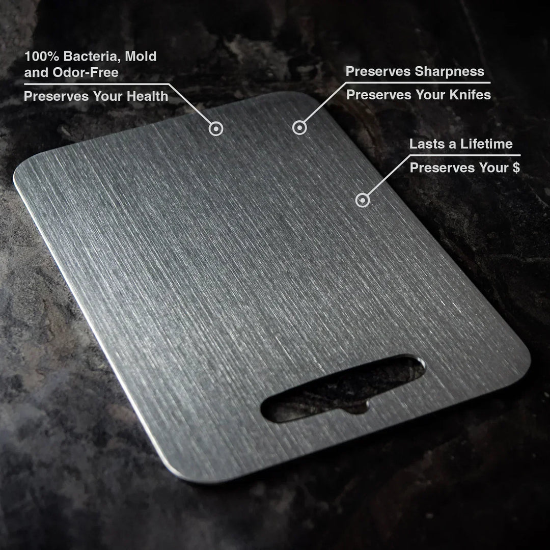 BPA-free titanium cutting board for hygienic food prep. Essential, eco-friendly kitchen accessory for chefs.