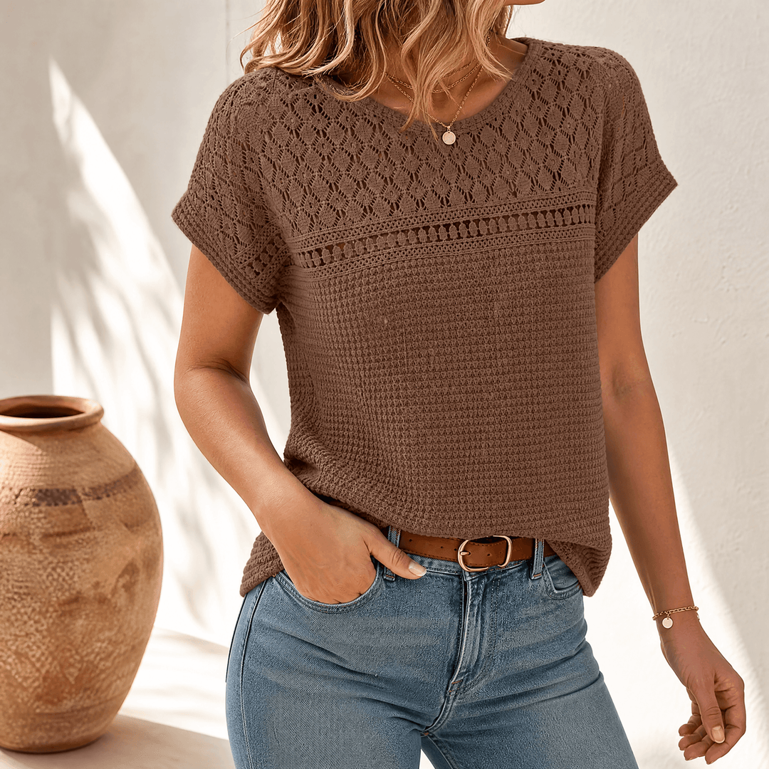 Light & airy women's short sleeve top, crochet knit, relaxed bohemian fit for summer.