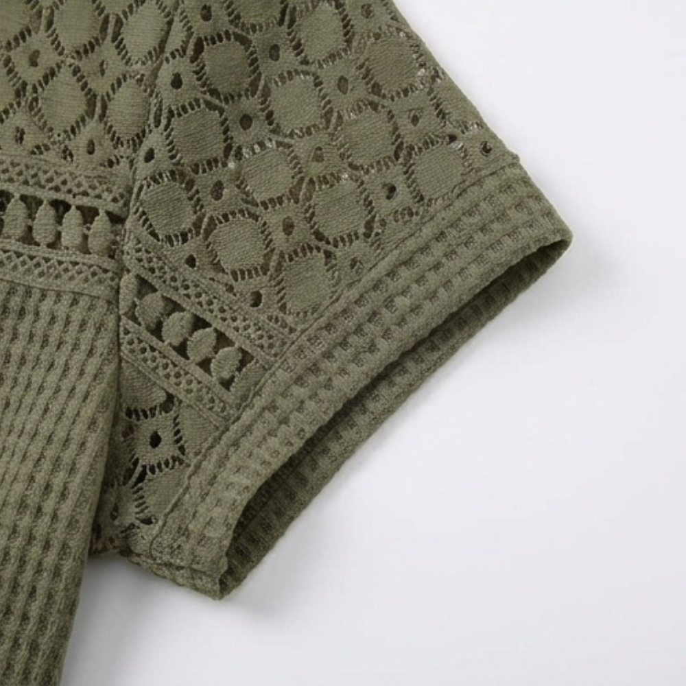Versatile women's short sleeve top, crochet knit, offering casual elegance and comfort.