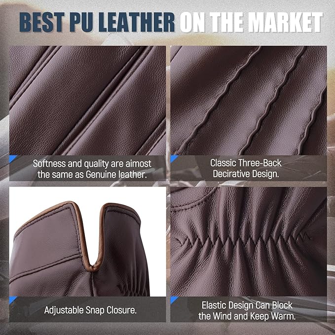 Versatile men's winter leather gloves with touchscreen function & warm cashmere.