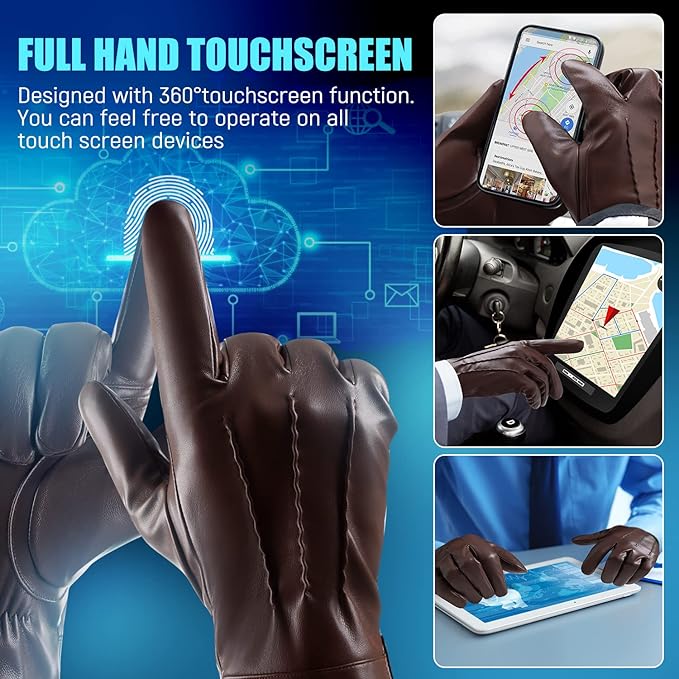 Fashionable men's leather winter gloves with touchscreen capability & cashmere warmth.