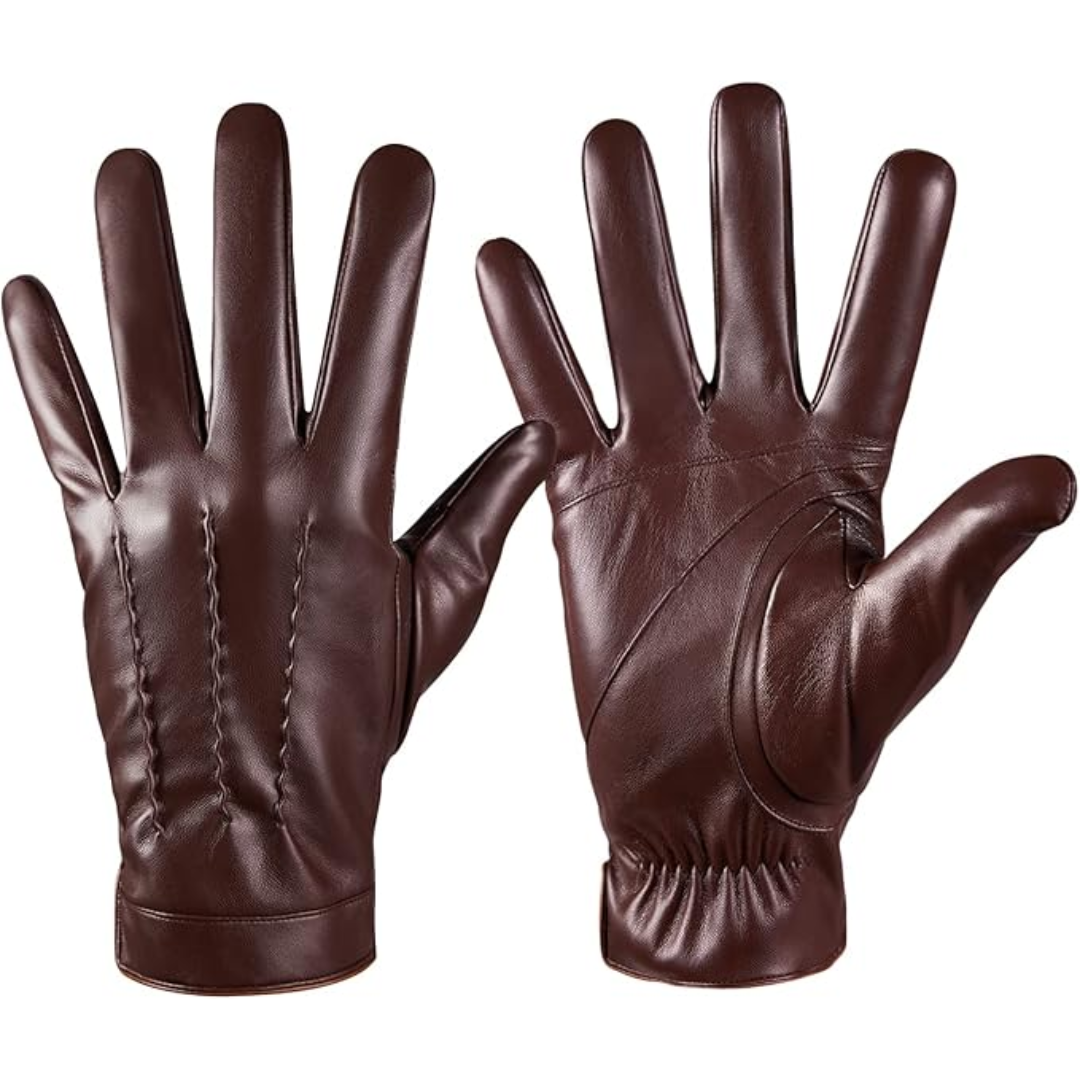 Stylish men's leather driving gloves, touchscreen compatible for cold weather.