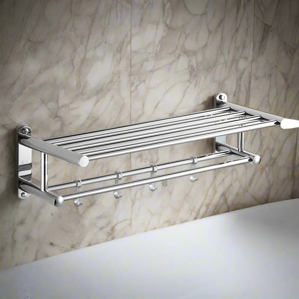 Modern silver wall-mounted bathroom towel rack, elegant & sturdy, perfect for home decor and towel organization.