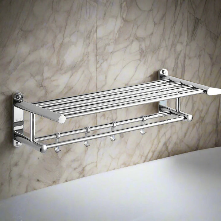 Modern silver wall-mounted bathroom towel rack, elegant & sturdy, perfect for home decor and towel organization.