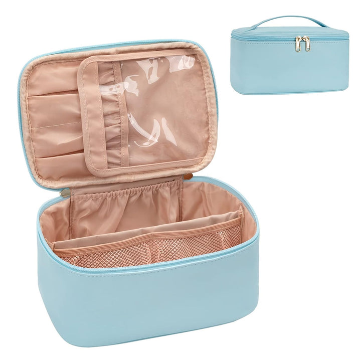 Portable women's makeup organizer bag with adjustable dividers for cosmetics, perfect for travel.