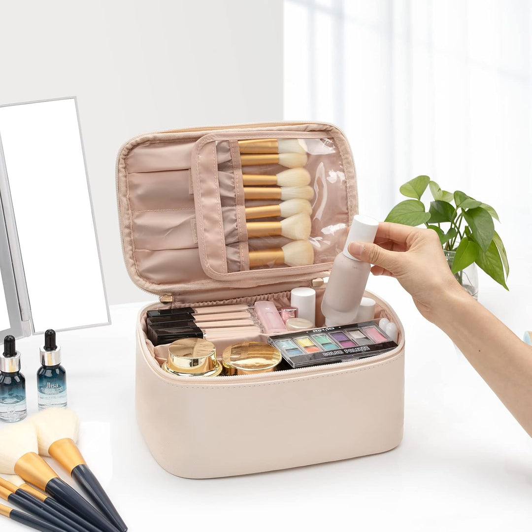 Versatile women's portable beauty organizer, adjustable dividers for makeup & toiletries on the go.