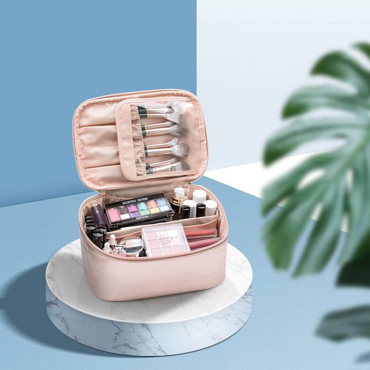Efficient women's makeup organizer with adjustable dividers, perfect for vanity or travel storage.