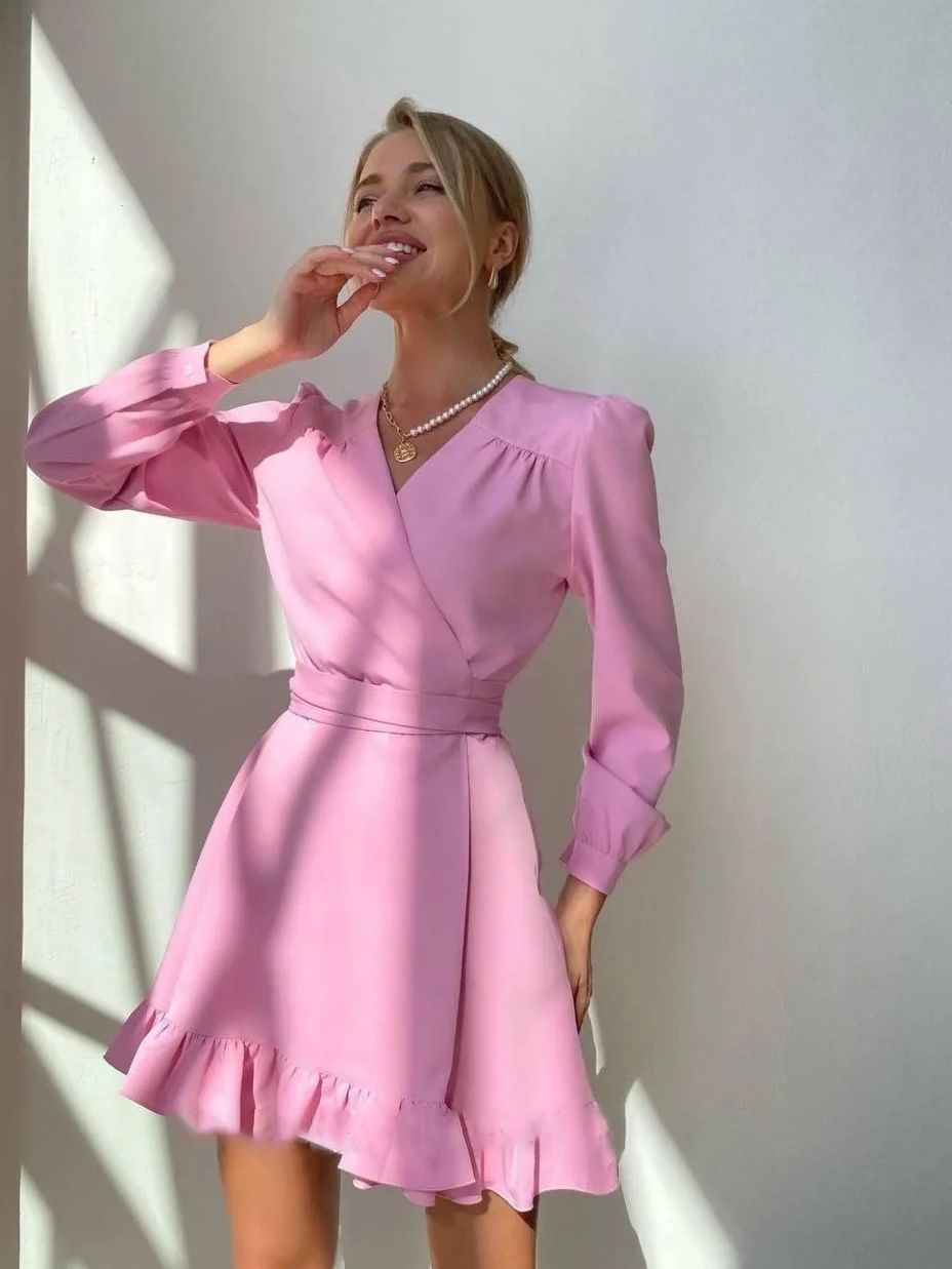 Flattering Livia A-line women's dress with stylish V-neck and long sleeves, versatile for any trendy occasion.
