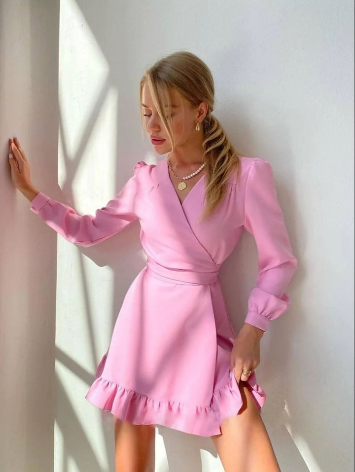 Chic Livia A-line women's dress featuring a V-neck and long sleeves, offering trendy elegance for any occasion.