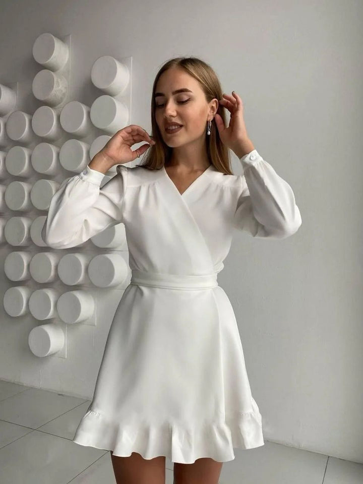 Trendy Livia A-line women's dress, a versatile long sleeve V-neck design for flattering casual chic spring/summer.