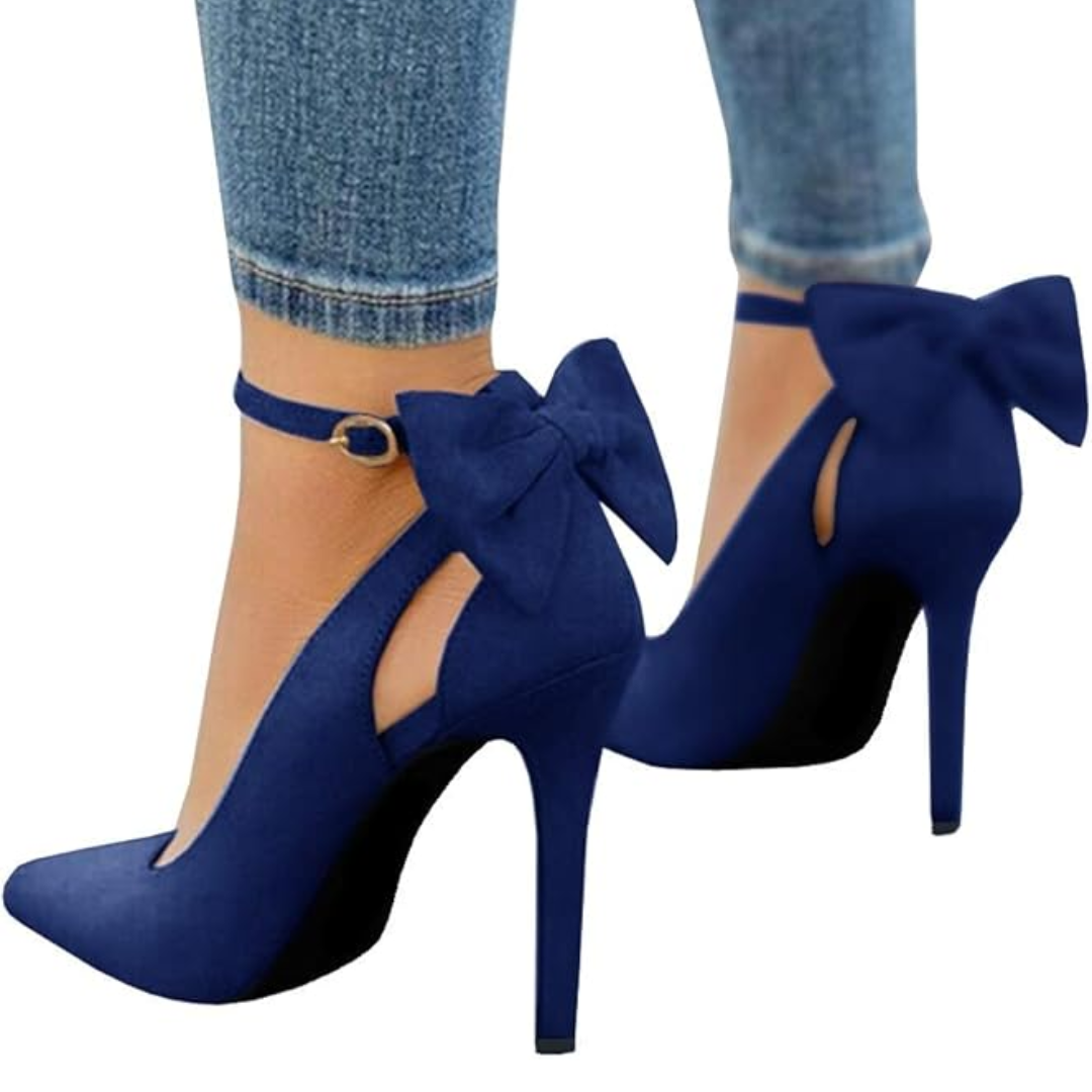 Elegant black women's stiletto heels with a chic bow embellishment and sharp pointed toe.