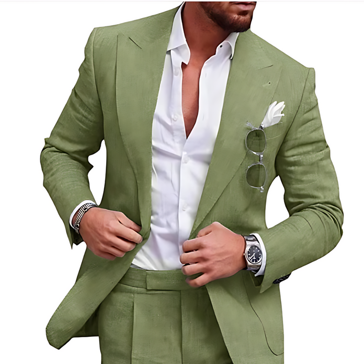Casual elegant men's 2-piece linen suit, a trendy outfit set for beach weddings and warm weather formal events.