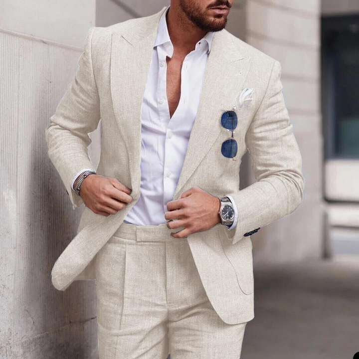 Fashionable men's 2-piece linen suit. Trendy attire for beach weddings, summer events, and stylish outings.