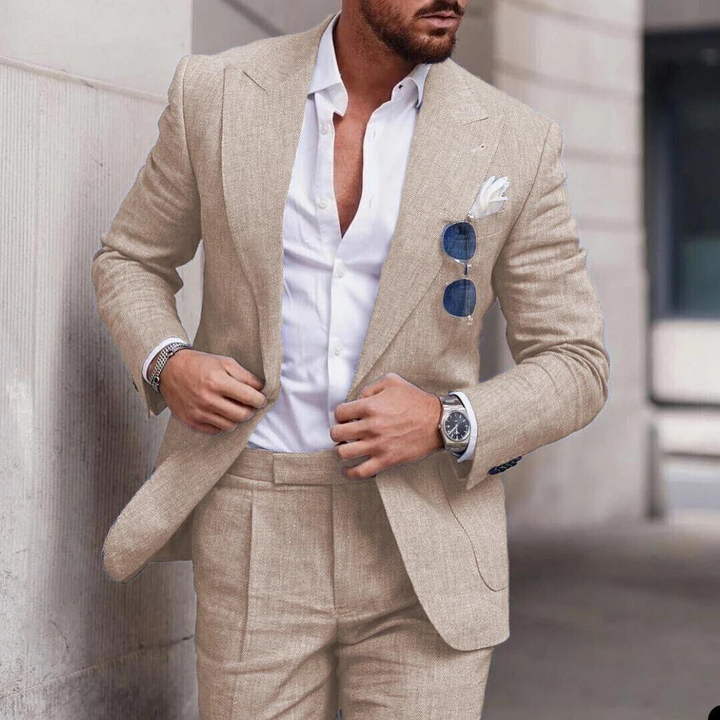 Stylish men's 2-piece linen suit, perfect for beach weddings, summer parties, and elegant casual events.