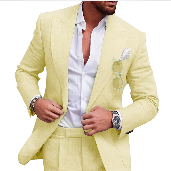 Elegant men's Caden linen 2-piece suit, perfect wedding attire for beach groomsmen or stylish guests.