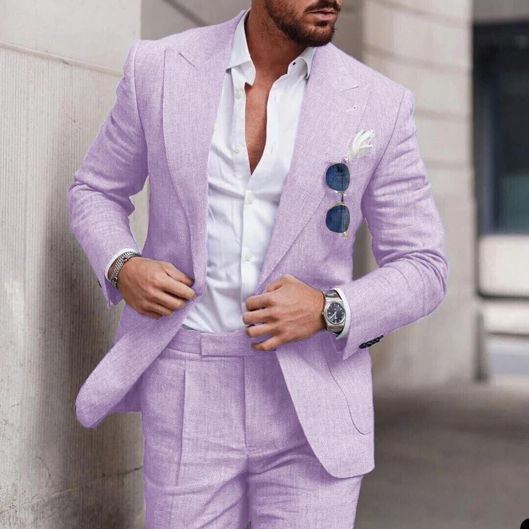 Men's trendy linen jacket and trousers 2-piece suit for beach weddings & sophisticated summer occasions.