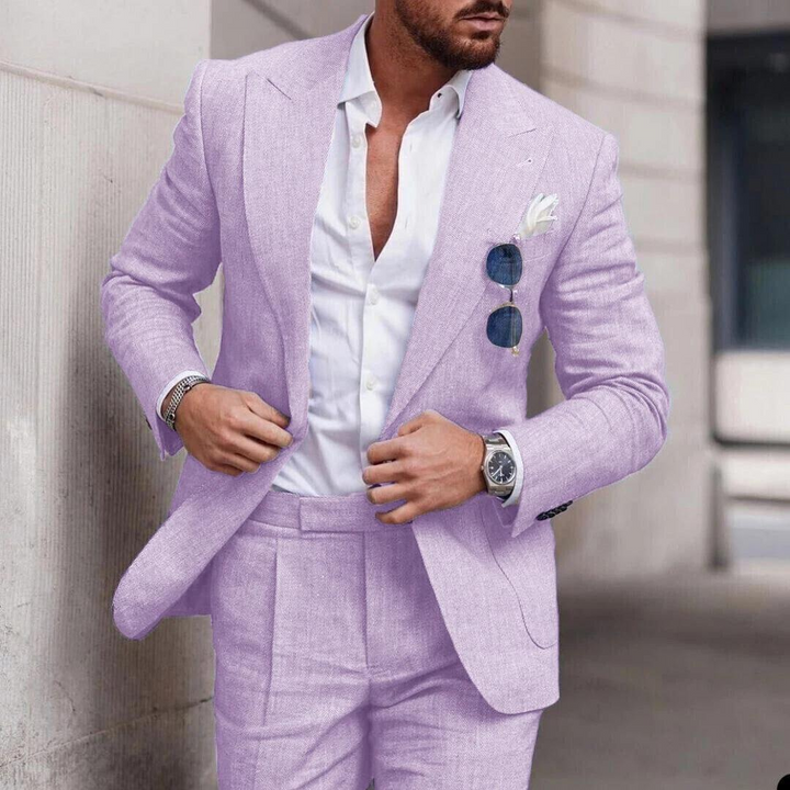 Men's trendy linen jacket and trousers 2-piece suit for beach weddings & sophisticated summer occasions.