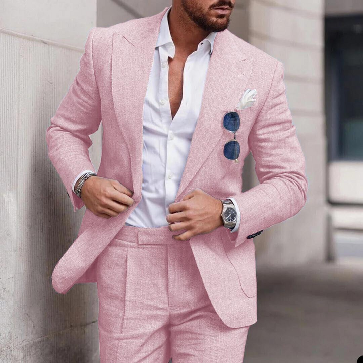 Lightweight men's linen 2-piece suit, ideal for comfortable wear at summer beach weddings & special events.