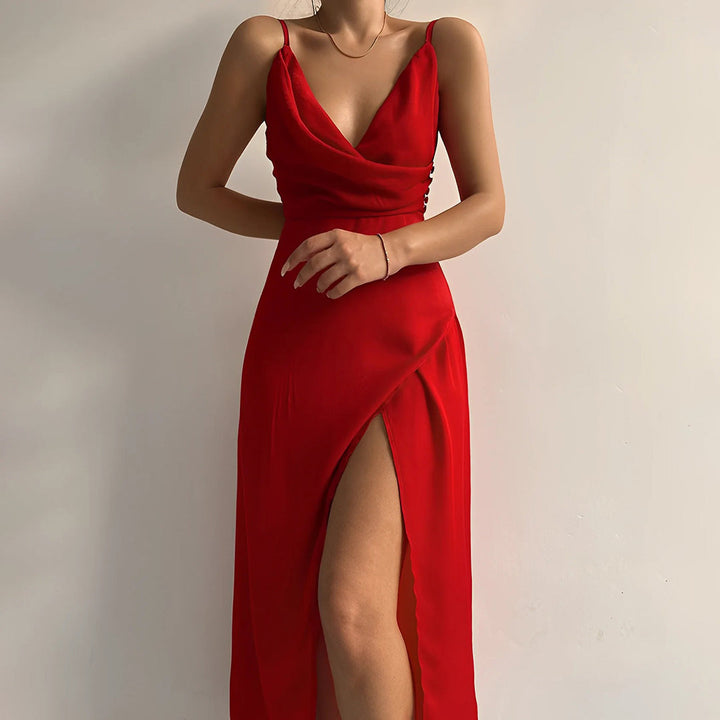 Trendy women's Elara maxi dress, V-neck, with a stylish high slit. Perfect for summer parties & events.