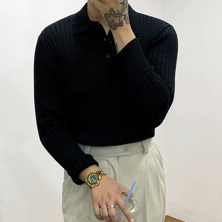 Stylish men's autumn polo sweater, a modern long-sleeve knit for casual wear and classic style.