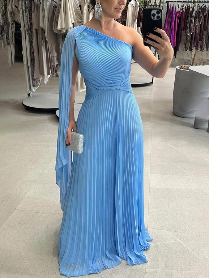 Beautiful one-shoulder pleated summer maxi dress for women, perfect for elegant parties & special events.