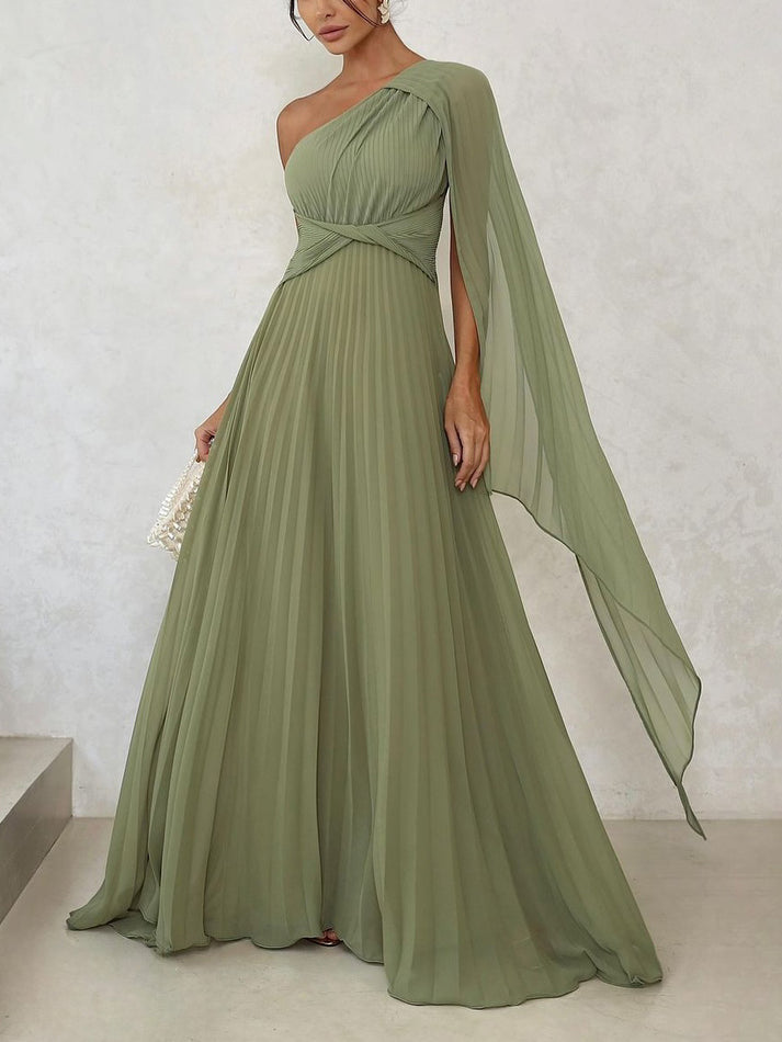 Flowing one-shoulder pleated maxi dress for women, an elegant and flattering long gown for any party.