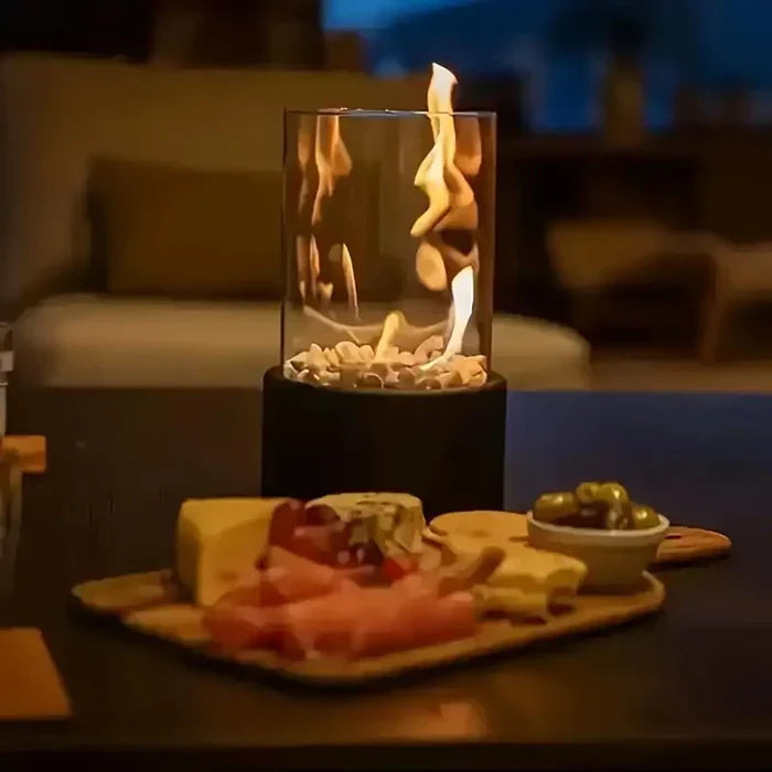 Compact GlowLuxe portable tabletop fire pit, adding warmth and modern decor to any space.