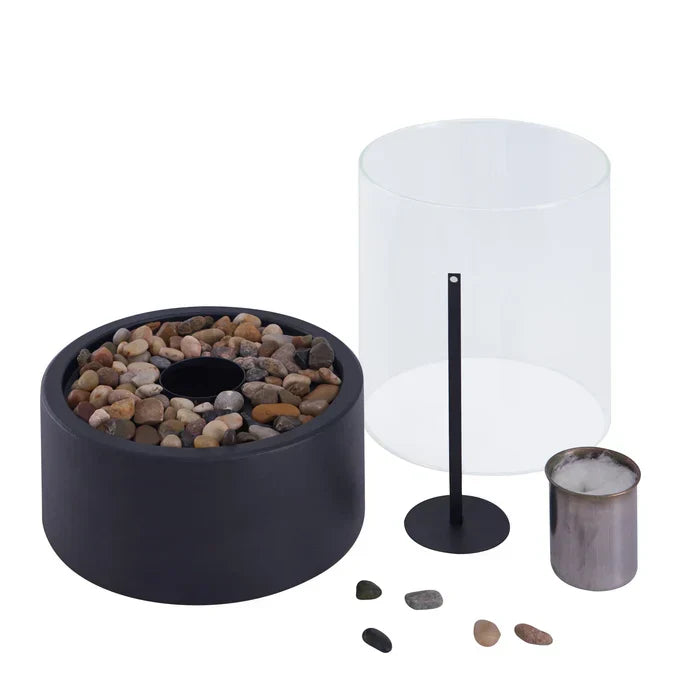 Steel glass tabletop fire pit lantern, providing safe, warm glow and sophisticated mood lighting.